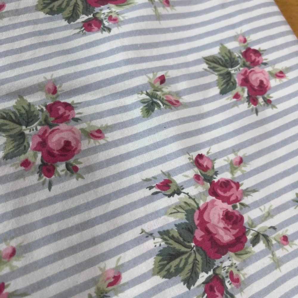 Vtg Ralph Lauren Emma Blue Floral Rose Ticking Stripe Ruffle Full Flat Sheet USA
